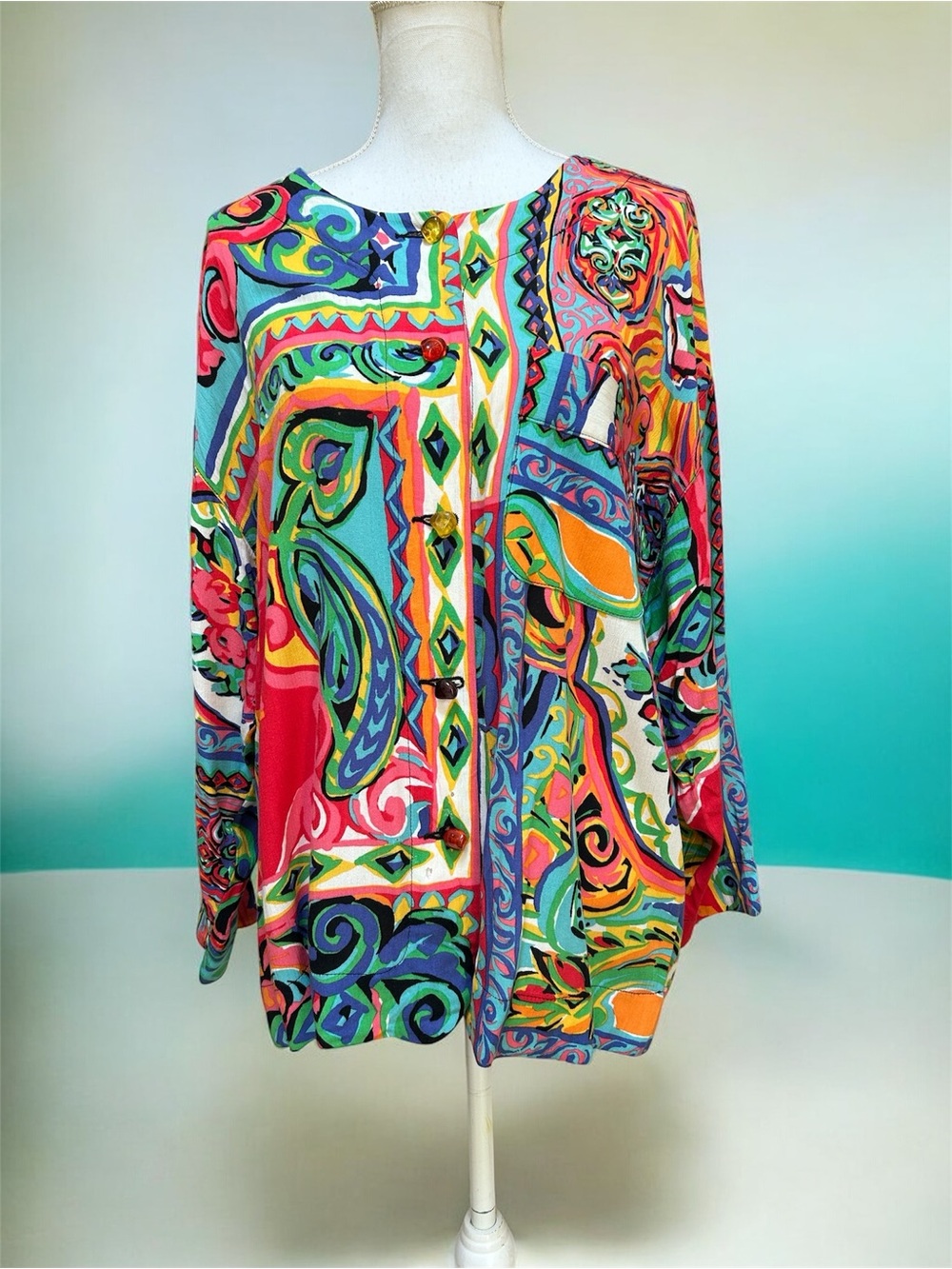 Vtg Carol Little Vibrant Abstract Print Patchwork Art to Wear Multicolor Blouse